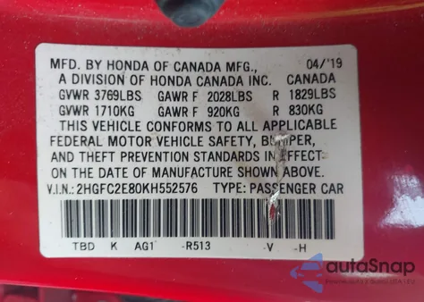 2019 Honda Civic Sport from USA, damaged, VIN 2HGFC2E80KH552576